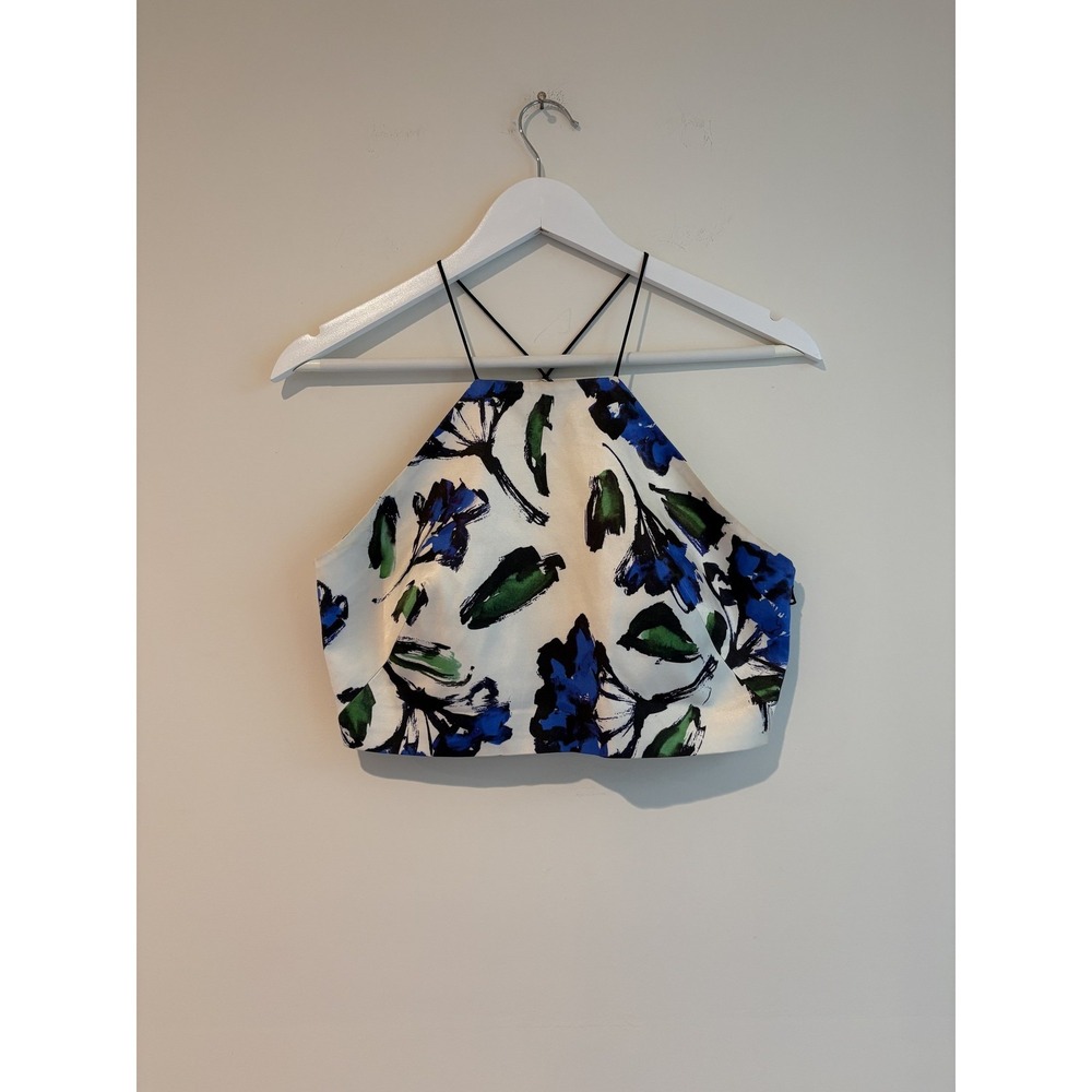 MILLY Floral Print Silky Halter Crop Top Blue Green Cream Cami Size 4 Side Zip